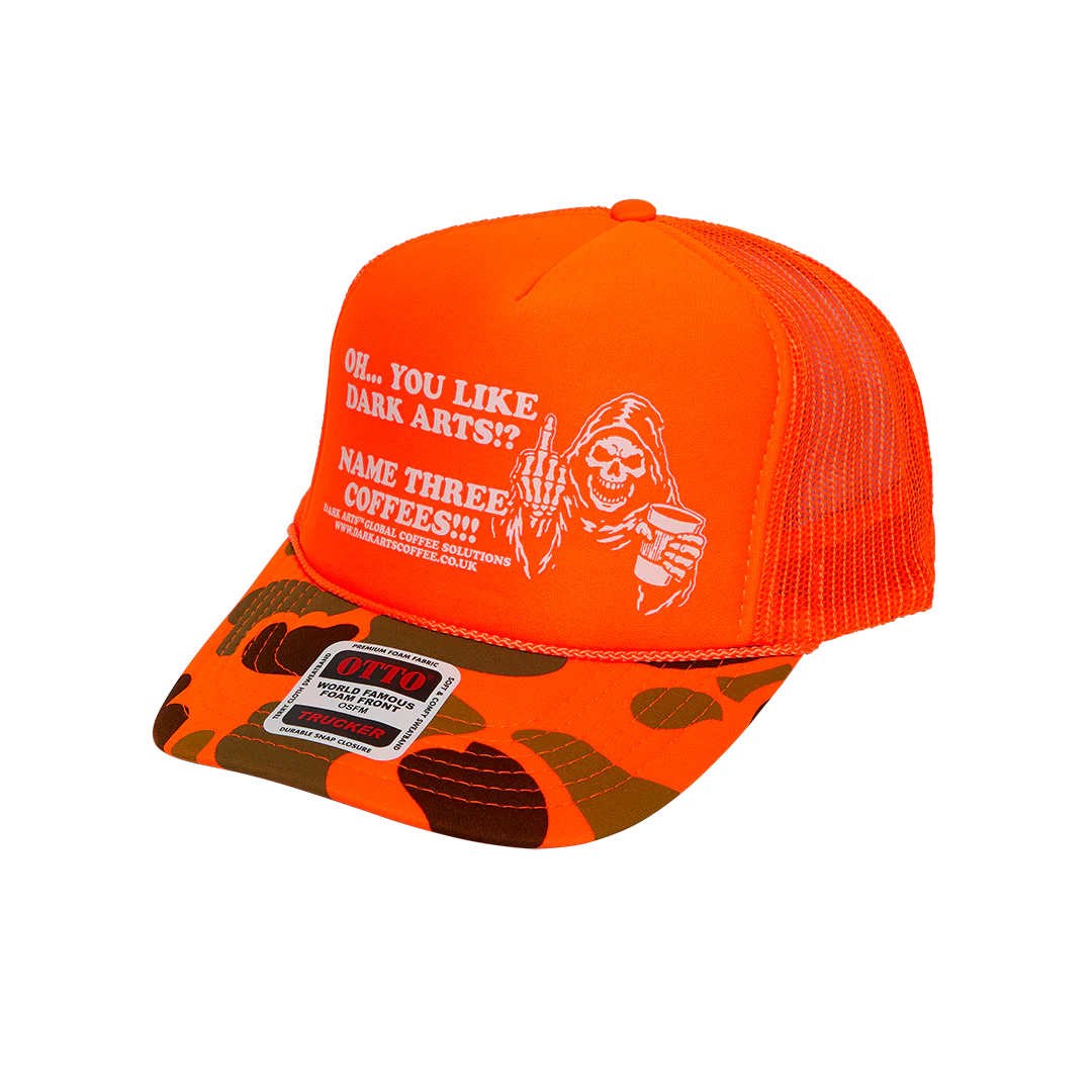 NAME THREE TRUCKER CAP - Orange / Camo