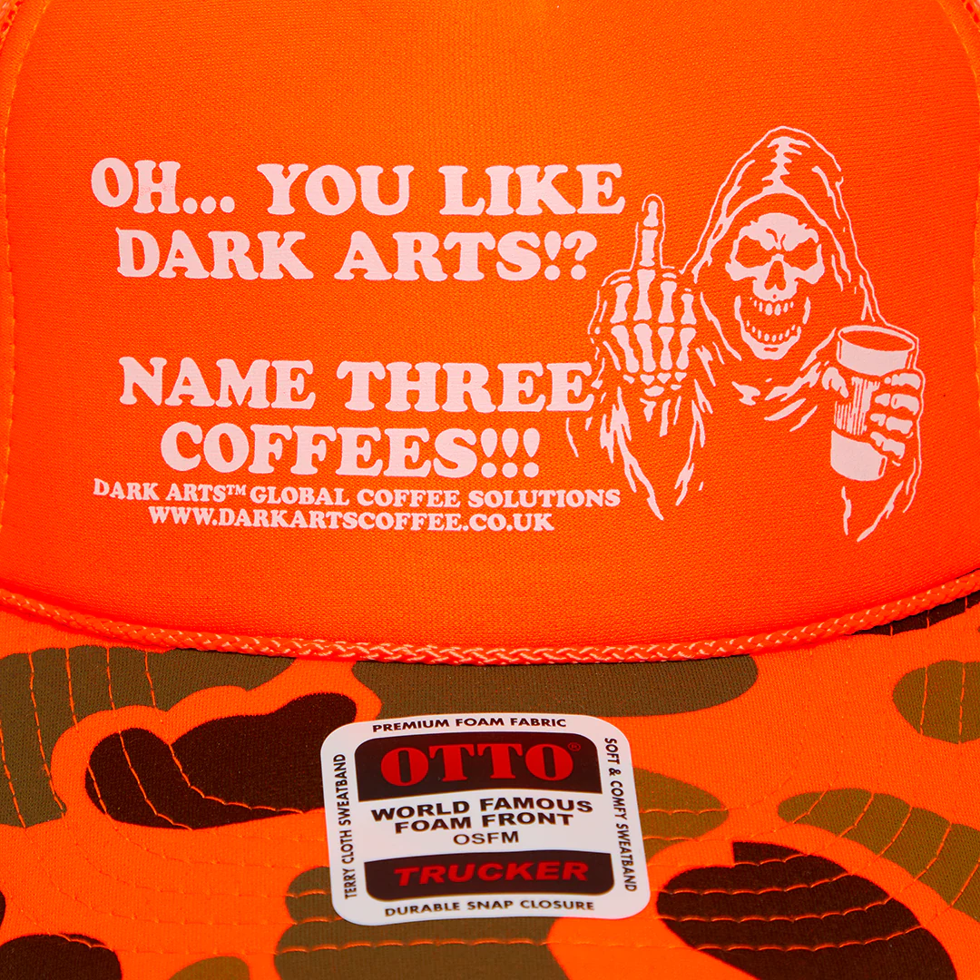 NAME THREE TRUCKER CAP - Orange / Camo - Image 2